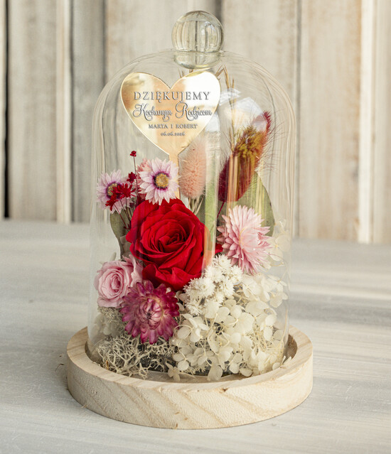 Prezenty, Podziękowania dla Rodziców Kompozycje Kwiatowe / Flowerboxy Personalizowane podziękowania dla Rodziców flowerbox z suszonych kwiatów, Wieczna róża Podziękowanie 09/FBmini/podRd