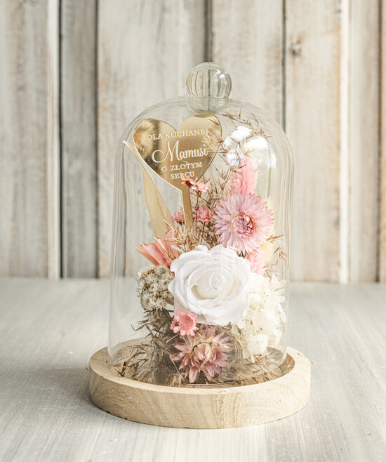 Prezenty dla Mamy flowerboxy, box ze słodyczami  wieczna róża w szklanej kopule, prezent dla mamy flowerbox z suszonych kwiatów, suszone kwiaty w szk 05/FBmini/Mama