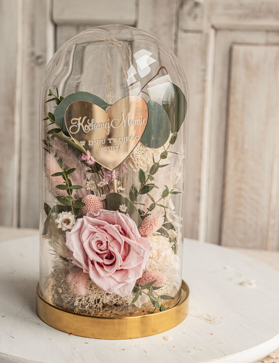 Prezenty dla Mamy flowerboxy, box ze słodyczami  różowa wieczna róża w szklanej kopule, prezent dla mamy flowerbox z suszonych kwiatów, suszone kwiat 05/fboxSZ/Mama