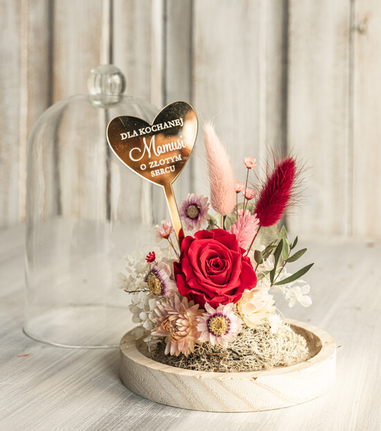 Prezenty dla Mamy flowerboxy, box ze słodyczami  kompozycja kwiatowa w szklanej kopule, prezent dla mamy flowerbox z suszonych kwiatów, suszone kwiat 06/FBmini/Mama