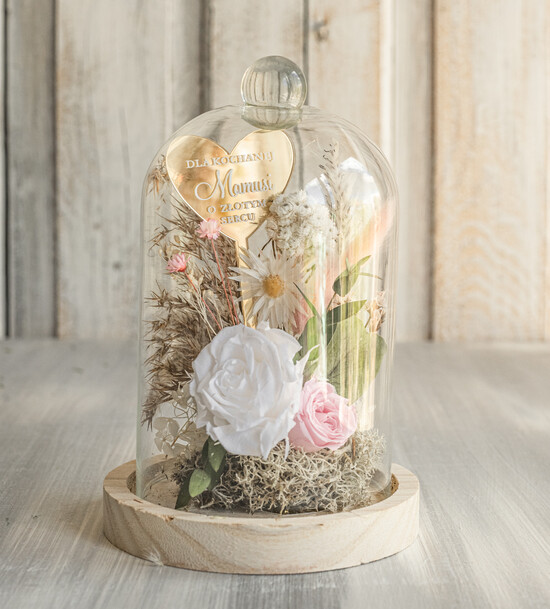 Prezenty dla Mamy flowerboxy, box ze słodyczami  wieczna róża w szklanej kopule, prezent dla mamy flowerbox z suszonych kwiatów, suszone kwiaty w szk 02/FBmini/Mama