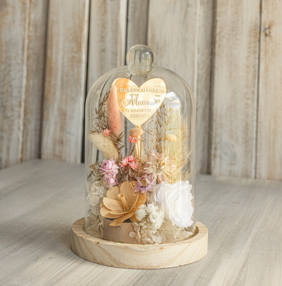 Prezenty dla Mamy flowerboxy, box ze słodyczami  kompozycja kwiatowa w szklanej kopule, prezent dla mamy flowerbox z suszonych kwiatów, suszone kwiat 03/FBmini/Mama