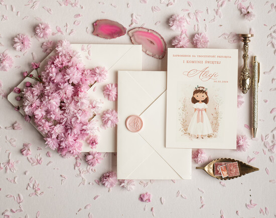 Zaproszenia na Komunię  dziewczynka  Jednokartkowe zaproszenia Komunijne proste zaproszenie na komunię dla dziewczynki zaproszenia na kom 01/JkDz/Komunia