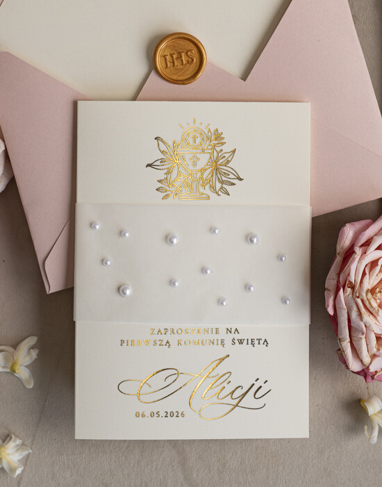 Zaproszenia na Komunię  dziewczynka  perełkowe zaproszenia na komunię dla dziewczynki, ręcznie robione zaproszenia na komunię złote komun 01/perKdz/KomZ