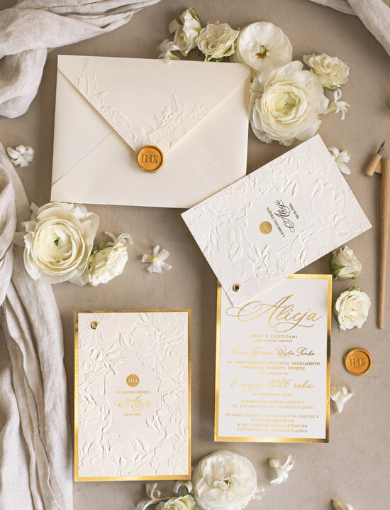Zaproszenia na Komunię  dziewczynka  Oryginalne zaproszenia na Komunię, Tłoczone zaproszenia na Komunię, Złote Zaproszenia na Komunię dla 01/TloN/Komunia