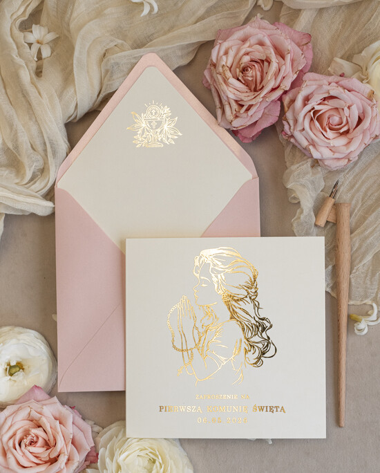 Zaproszenia na Komunię  dziewczynka  ręcznie robione zaroszenia komunijne nietypowe zaproszenie na komunie personalizowane zaproszenia Ko 01/sklZł/Komunia