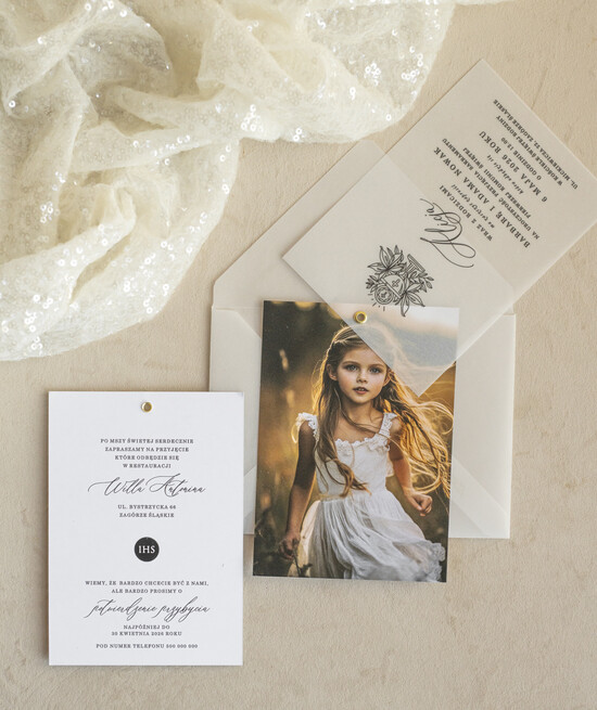 Zaproszenia na Komunię  dziewczynka  proste nowoczesne zaroszenia na komunię, komunijne ze zdjeciem kalkowe  01/zdjlakla/Komunia