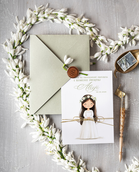 Zaproszenia na Komunię  dziewczynka  personalizowane zaproszenia Komunijne proste zaproszenie na komunię zaproszenia na komunię ze sznurk 02/sklSznDz/Komunia