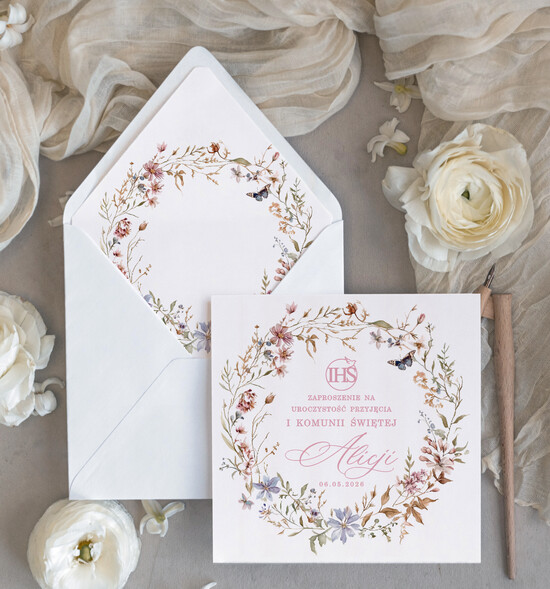 Zaproszenia na Komunię  dziewczynka  personalizowane zaproszenie Komunijne proste zaproszenia na komunię dla dziewczynki nowoczesne zapro 02/wsklDz/KomZ