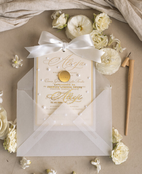 Zaproszenia na Komunię  dziewczynka  Perełkowe zaproszenia komunijne dla dziewczynki, zaproszenia na komunię z perełkami, złote zaproszen 01/KszPerWs/Komunia