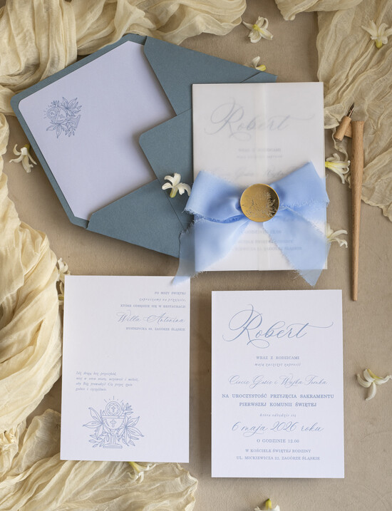 Zaproszenia na Komunię  chłopiec zaproszenia Komunijne dla chłopca, eleganckie zaproszenia komunijne, nowoczesne zaproszenie na komun 01/KalWs/KomZ