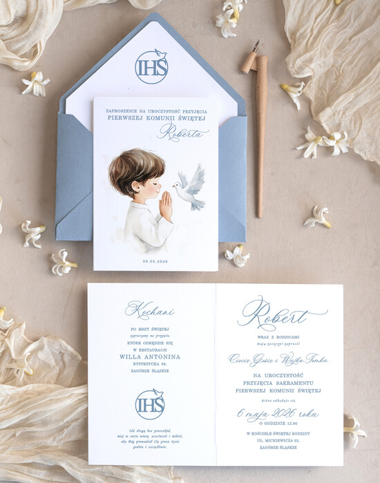 Zaproszenia na Komunię  chłopiec personalizowane zaproszenia Komunijne proste zaproszenie na komunię niebieskie zaproszenia na komuni 01/dsklCh/Komunia