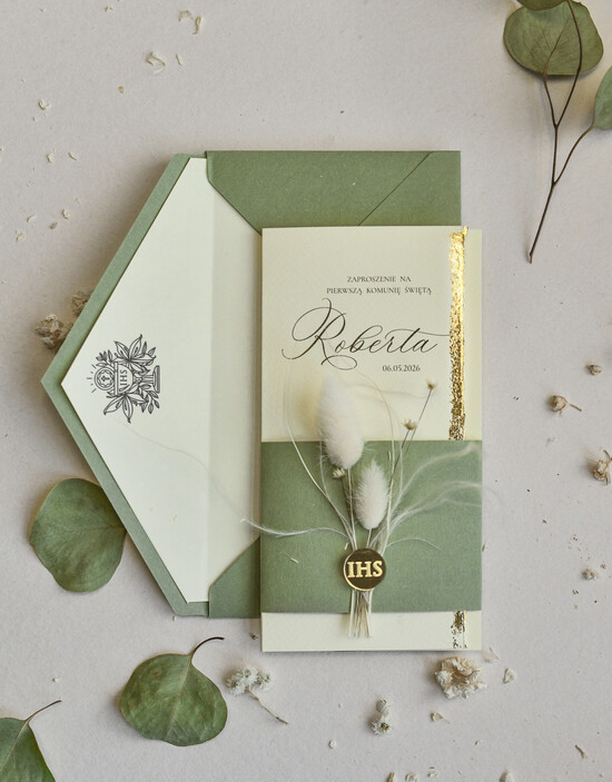 Zaproszenia na Komunię  chłopiec Podłużne szałwiowe złocone zaproszenia na Komunię nowoczesne   Zaproszenia komunijne personalizowane 02/DLrw/KomZ