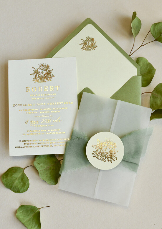 Zaproszenia na Komunię  chłopiec szałwiowe złocone zaproszenia na Komunię nowoczesne  Kalkowe Zaproszenia komunijne personalizowane 01/wsZł/KomZ