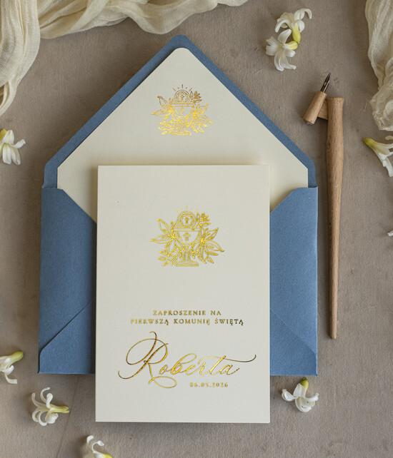 Zaproszenia na Komunię  chłopiec złote lub srebrne ręcznie robione zaroszenia komunijne nietypowe zaproszenie na komunie personalizow 01/sklChZł/KomZ