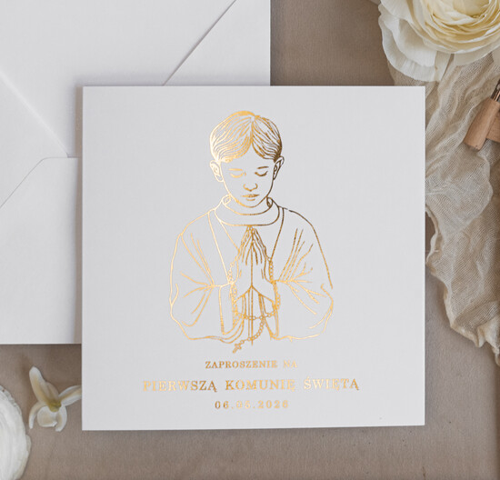 Zaproszenia na Komunię  chłopiec złote lub srebrne ręcznie robione zaroszenia komunijne nietypowe zaproszenie na komunie personalizow 02/sklChZł/KomZ
