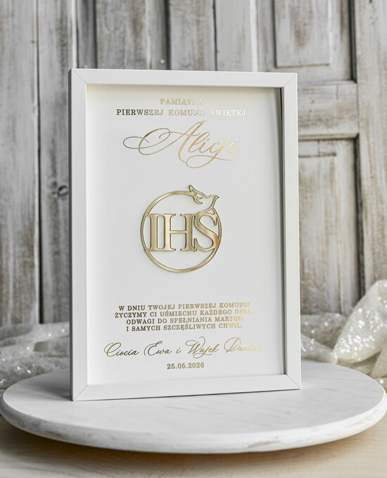 Pamiątki Prezenty na komunię  pamiątki na komunie  Pamiątka Pierwszej Komunii orbrazek z życzeniami Personalizowane pudełko na Prezent 05/rama3D/PamKom