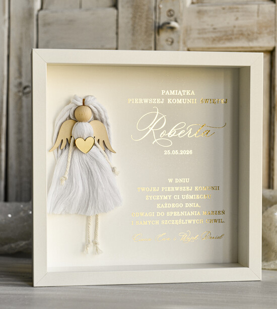 Pamiątki Prezenty na komunię  pamiątki na komunie  Pamiątka Pierwszej Komunii orbrazek z życzeniami Personalizowane pudełko na Prezent 02/rama3DAn/PamKom