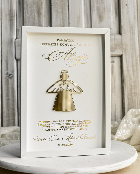 Pamiątki Prezenty na komunię  pamiątki na komunie  Pamiątka Pierwszej Komunii orbrazek z życzeniami Personalizowane pudełko na Prezent 04/rama3D/PamKom