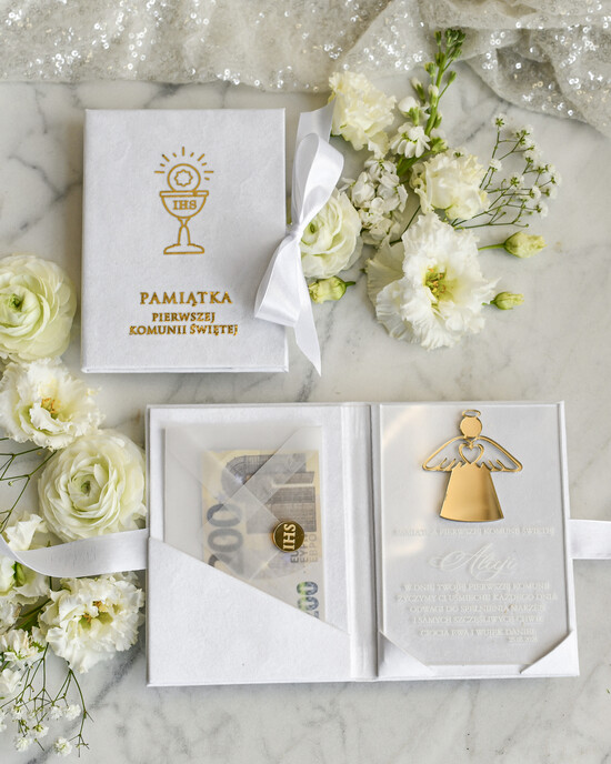Pamiątki Prezenty na komunię  pamiątki na komunie  Statuetka pamiątka Pierwszej Komunii w pudełku, personalizowana Pamiątka Komunijna opakowanie na pie 02/okVel/PamKom