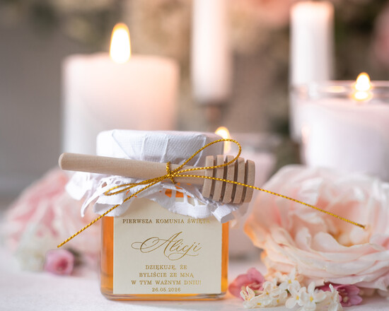 Podziękowania dla gości na komunii podziękowania dla gości słoiczek z miodem dla gości komunijnych, miód prezenty dla gości na Komunii, upominki komunijne, Ory 01/miodD/KomMd