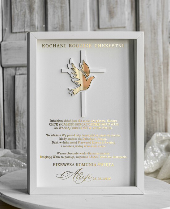 Pamiątki Prezenty na komunię  podziękowania dla najbliższych  podziękowanie dla rodziców Chrzestnych na Komunię, Komunijne podziękowania dla Matki i Ojca Chrzestn 01/RamaPlexi3D/PodzKom