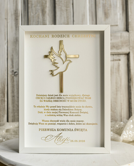 Pamiątki Prezenty na komunię  podziękowania dla najbliższych  podziękowanie dla rodziców Chrzestnych na Komunię, Komunijne podziękowania dla Matki i Ojca Chrzestn 07/RamaPlexi3D/PodzKom
