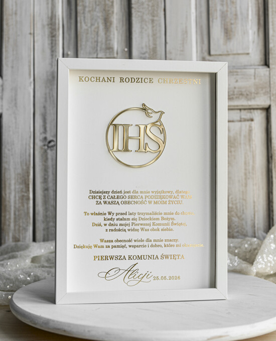 Pamiątki Prezenty na komunię  podziękowania dla najbliższych  podziękowanie dla rodziców Chrzestnych na Komunię, Komunijne podziękowania dla Matki i Ojca Chrzestn 05/RamaPlexi3D/PodzKom