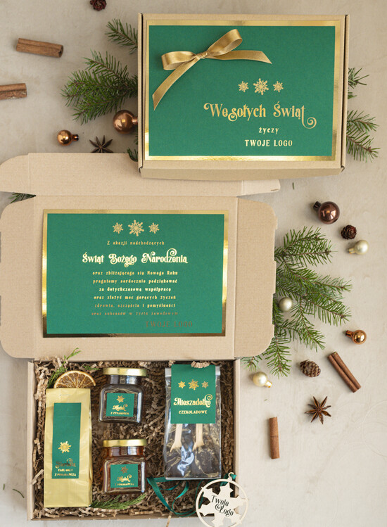 Prezenty oferta dla Firm mini zestawy  upominki świąteczne dla klientów z logo firmy Mini boxy prezentowe biznesowe Upominki  01/ziel/minibox