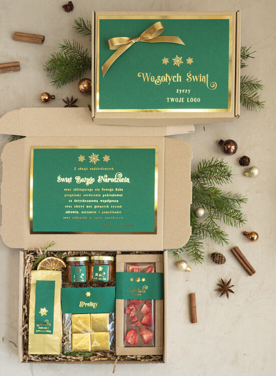 Prezenty oferta dla Firm mini zestawy  upominki świąteczne dla klientów z logo firmy Mini boxy prezentowe biznesowe Upominki  03/ziel/minibox