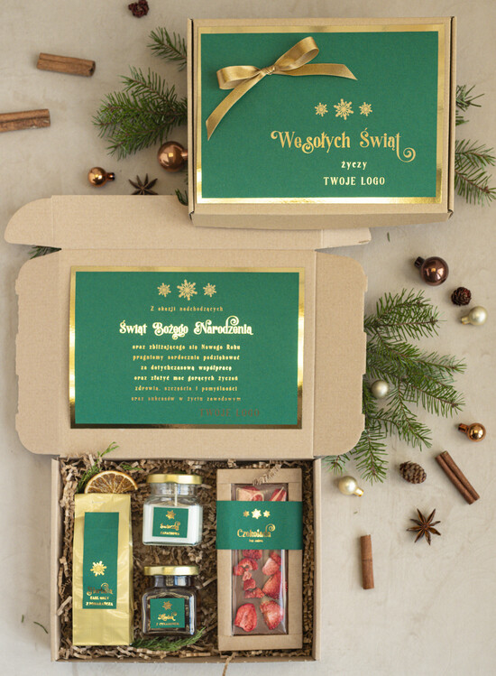 Prezenty oferta dla Firm mini zestawy  upominki świąteczne dla klientów z logo firmy Mini boxy prezentowe biznesowe Upominki  02/ziel/minibox