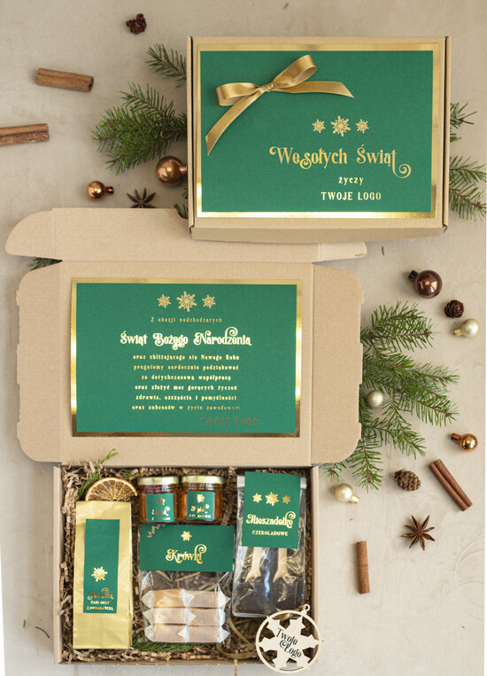 Prezenty oferta dla Firm mini zestawy  upominki świąteczne dla klientów z logo firmy Mini boxy prezentowe biznesowe Upominki  04/ziel/minibox