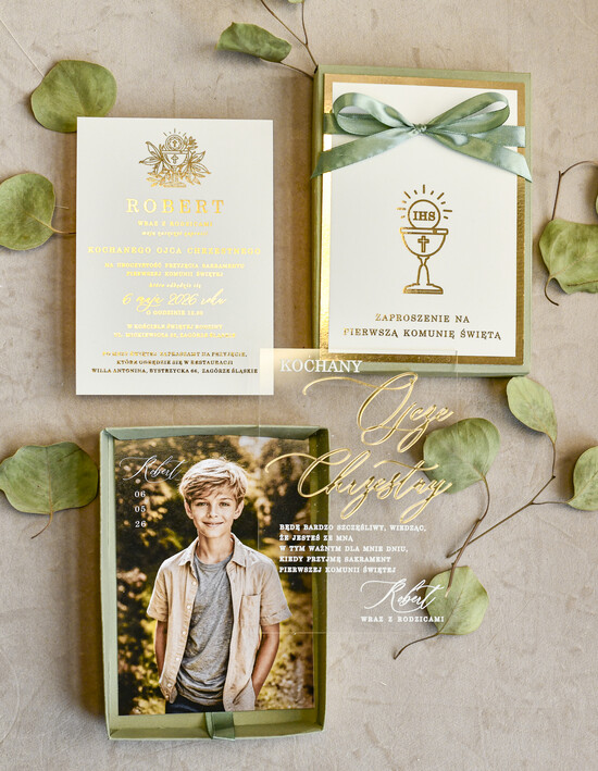 Zaproszenia na Komunię  Dla Chrzestnych i Dziadków Sałwiowe Zaproszenia na Komunię w Pudełku ze zdjęciem Zaproszenie Komunijne dla Matki Chrzestnej i O 01/pudPap/VipZapKomu