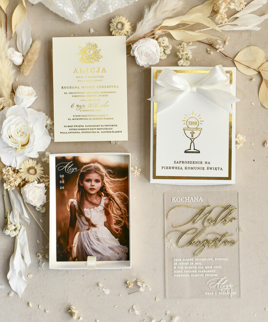 Zaproszenia na Komunię  Dla Chrzestnych i Dziadków klasyczne Złote Zaproszenia na Komunię w Pudełku ze zdjęciem Zaproszenie Komunijne dla Matki Chrzest 03/pudPap/VipZapKomu