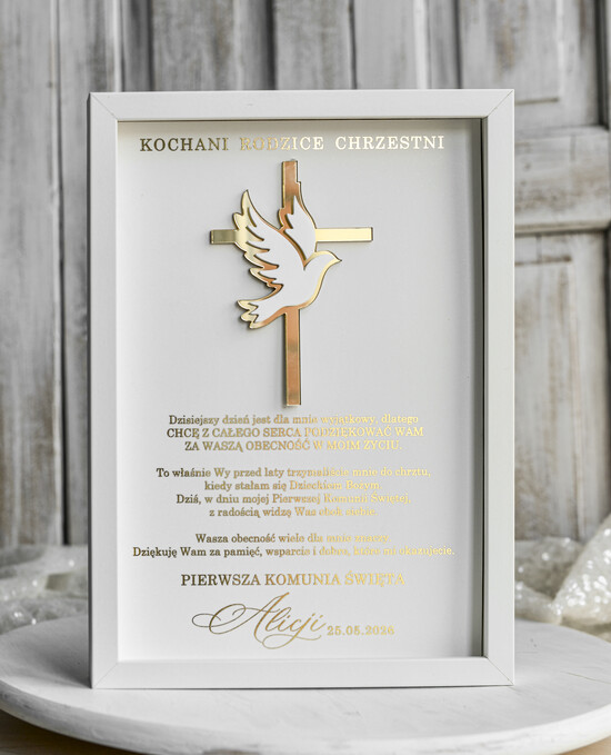 podziękowania dla najbliższych  Podziękowania w Ramie podziękowanie dla rodziców Chrzestnych na Komunię, Komunijne podziękowania dla Matki i Ojca Chrzestn 10/RamaPlexi3D/PodzKom