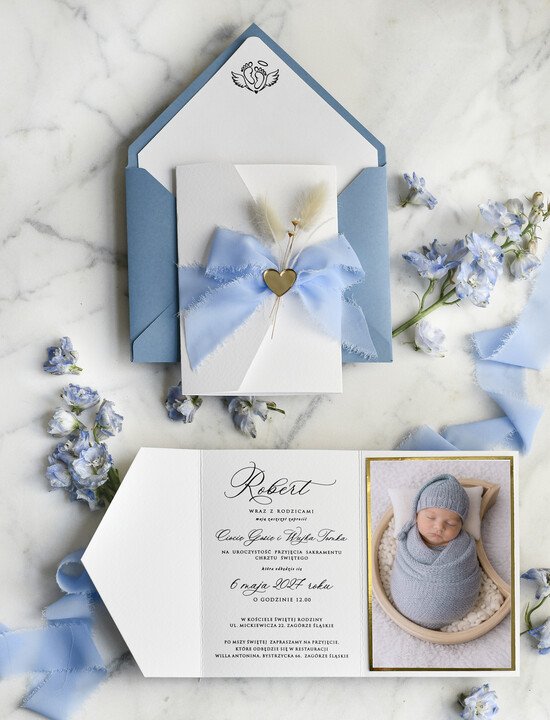 ZAPROSZENIA NA CHRZCINY dla chłopca zaproszenie na Chrzest Niebieskie Klasyczne zaproszenie na chrzciny ze zdjęciem presonalizowane 01/ZwsKop/ChrzZ