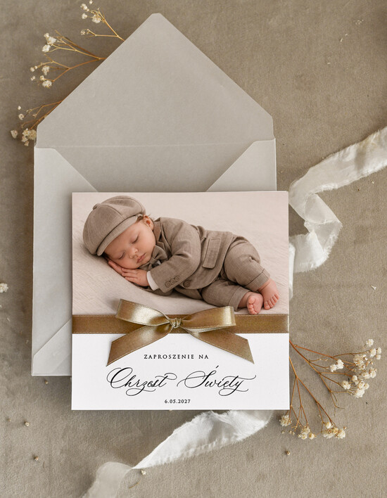 ZAPROSZENIA NA CHRZCINY dla chłopca zaproszenie na Chrzest Złote zaproszenie na chrzciny ze zdjęciem dziecka  02/kwzdj/zChrz