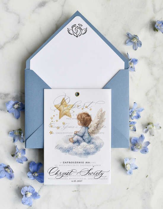 ZAPROSZENIA NA CHRZCINY dla chłopca klasyczne Zaproszenie na Chrzest z kalką, Eleganckie Zaproszenia na Chrzciny  presonalizowane 03/kwzdjKalkAnioł/zChrz
