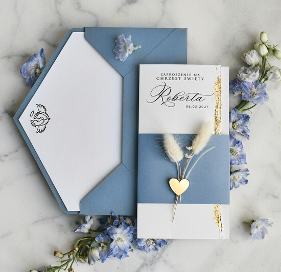 ZAPROSZENIA NA CHRZCINY dla chłopca zaproszenie na Chrzest Niebieskie Klasyczne zaproszenie na chrzciny rwane zaproszenia na chrest złoc 01/zprwDL/ChrzZ