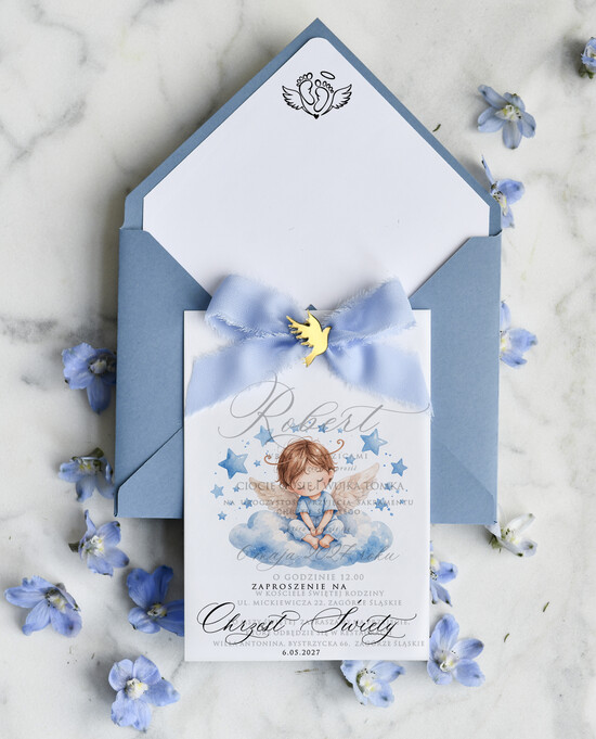 ZAPROSZENIA NA CHRZCINY dla chłopca klasyczne Zaproszenie na Chrzest z kalką, Eleganckie Zaproszenia na Chrzciny ze Zdjęciem  02/kwzdKalB2/ChrzZ