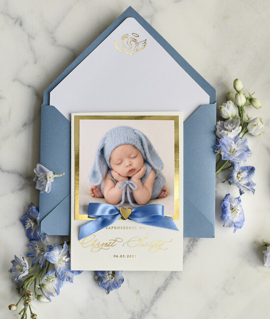 ZAPROSZENIA NA CHRZCINY dla chłopca zaproszenie na Chrzest Złote Eleganckie zaproszenie na chrzciny ze zdjęciem dziecka  02/zprkok/zChrz