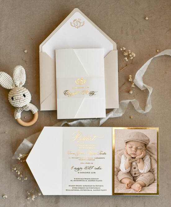 ZAPROSZENIA NA CHRZCINY dla chłopca Boho Złocone Zaproszenie na Chrzest w folderze, Eleganckie Zaproszenia na Chrzciny ze Zdjęciem  01/zprfl/zChrz
