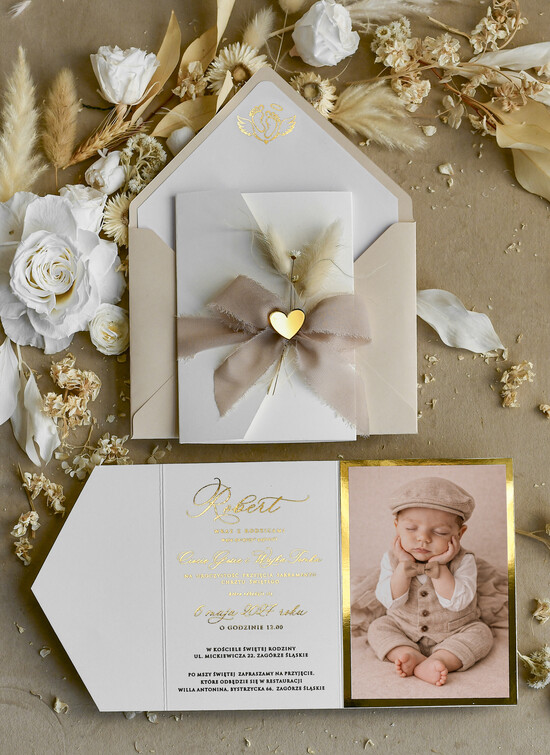 ZAPROSZENIA NA CHRZCINY dla chłopca Boho Złocone Zaproszenie na Chrzest w folderze, Eleganckie Zaproszenia na Chrzciny ze Zdjęciem  01/zprfolDM/zChrz