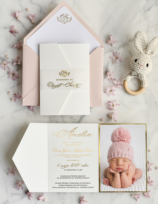 ZAPROSZENIA NA CHRZCINY dla dziewczynki  Złocone Zaproszenie na Chrzest, Eleganckie Zaproszenia na Chrzciny ze Zdjęciem  04/zprfl/ChrzZ