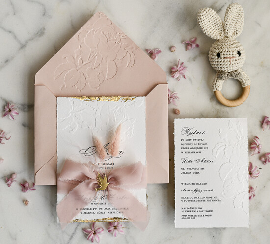 ZAPROSZENIA NA CHRZCINY dla dziewczynki  Boho Złocone Zaproszenie na Chrzest tłoczone, Eleganckie Tłoczone Zaproszenia na Chrzciny  01/wydzDm/zChrz