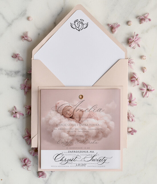 ZAPROSZENIA NA CHRZCINY dla dziewczynki  klasyczne Zaproszenie na Chrzest z kalką, Eleganckie Zaproszenia na Chrzciny ze Zdjęciem  01/kwzdjKalk/zChrz