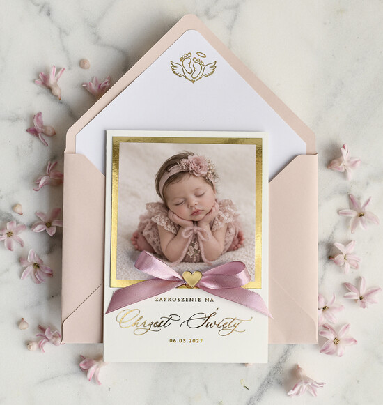 ZAPROSZENIA NA CHRZCINY dla dziewczynki  Złocone Zaproszenie na Chrzest, Eleganckie Zaproszenia na Chrzciny ze Zdjęciem  02/zprkok/zChrz