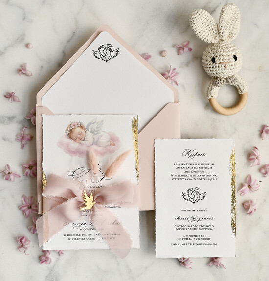 ZAPROSZENIA NA CHRZCINY dla dziewczynki  Boho Złocone Zaproszenie na Chrzest z aniołkiem, Eleganckie Tłoczone Zaproszenia na Chrzciny  01/wydzDmAn/zChrz