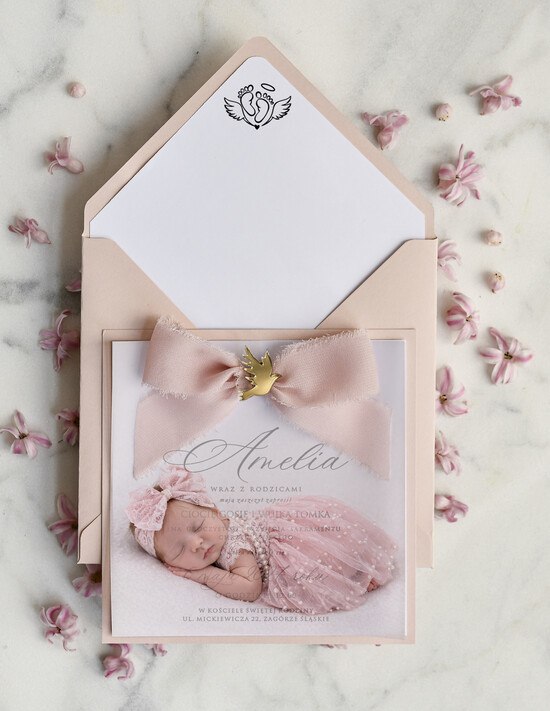 ZAPROSZENIA NA CHRZCINY dla dziewczynki  boho deilkatne Zaproszenie na Chrzest z kalką, Eleganckie Zaproszenia na Chrzciny ze Zdjęciem  01/kwzdjKalkBoho/zChrz