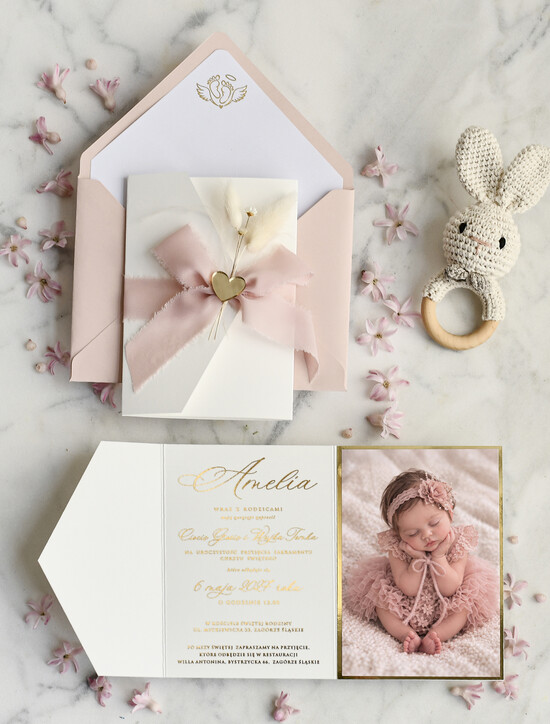 ZAPROSZENIA NA CHRZCINY dla dziewczynki  Boho Złocone Zaproszenie na Chrzest w folderze, Eleganckie Zaproszenia na Chrzciny ze Zdjęciem  02/zprfolDM/zChrz